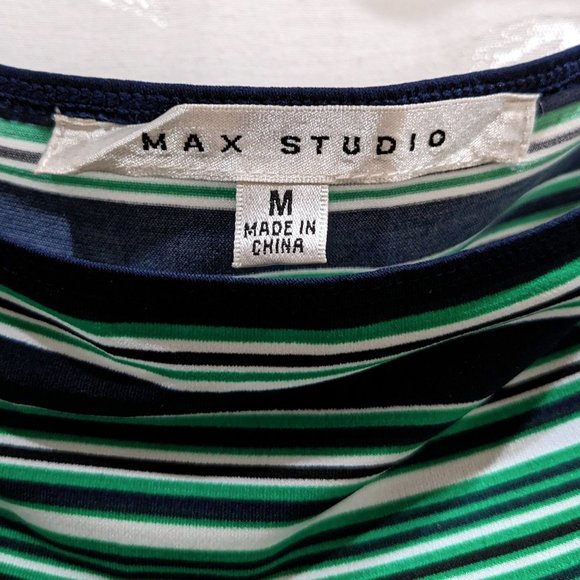 Boat Neck Clover Medallion Print Striped Dress M Elbow Sleeves Stretch Mod Green - Picture 5 of 6